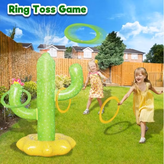 Inflatable Cactus Ring Toss Game Set Swimming Pool Game Toys Backyard Water Sprinkler for Kids Children